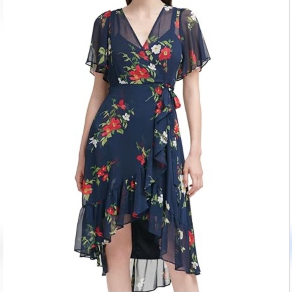 Calvin Klein Floral Short Sleeve Surplice Midi Dress, Size 10